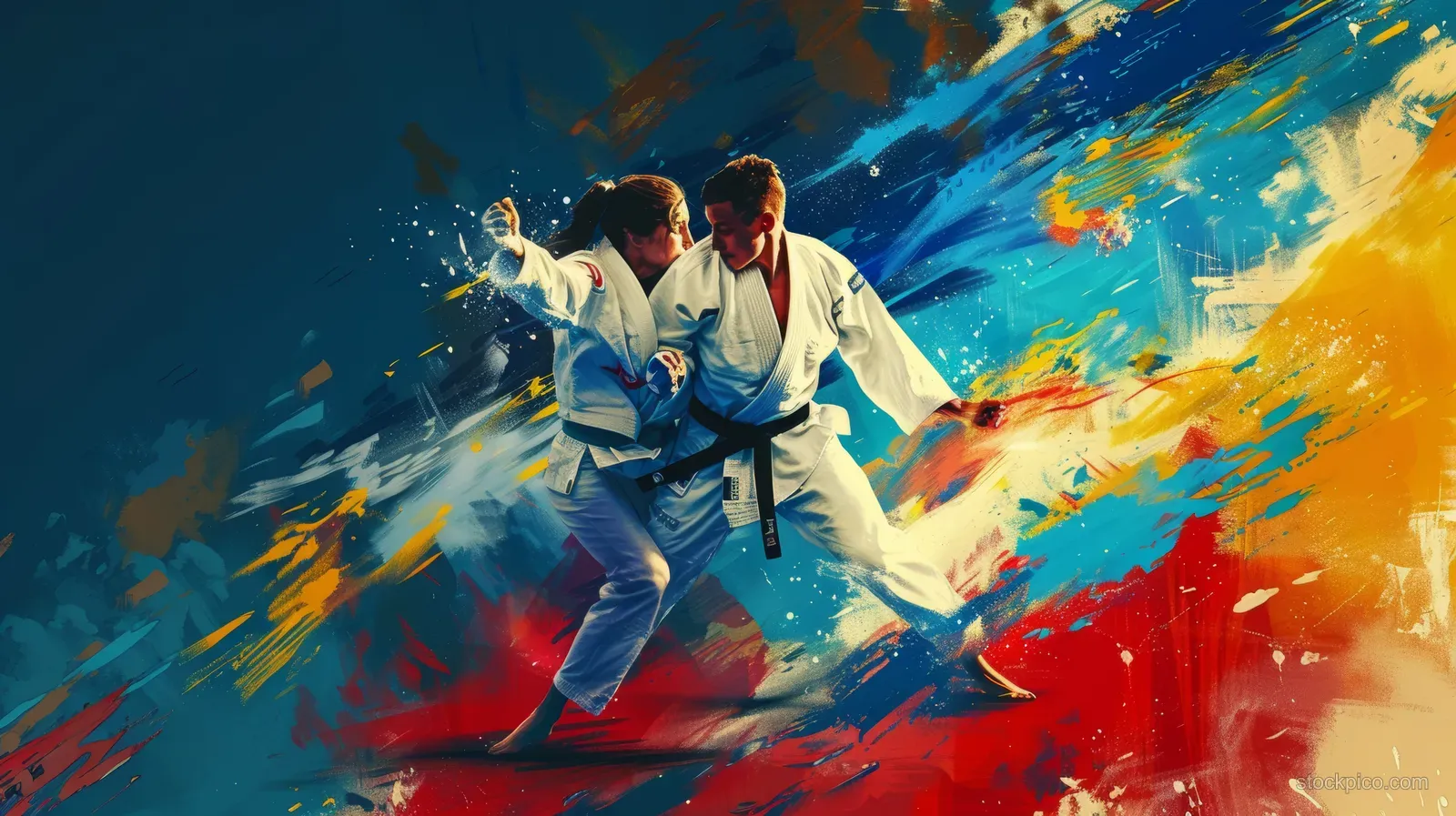 A French judoka performs an ippon throw on a tatami mat with colorful motion streaks around the athletes.