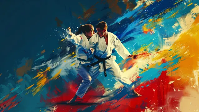 A French judoka performs an ippon throw on a tatami mat with colorful motion streaks around the athletes.