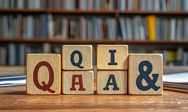Wooden letter blocks showing Q and A on a desk beside an open notebook