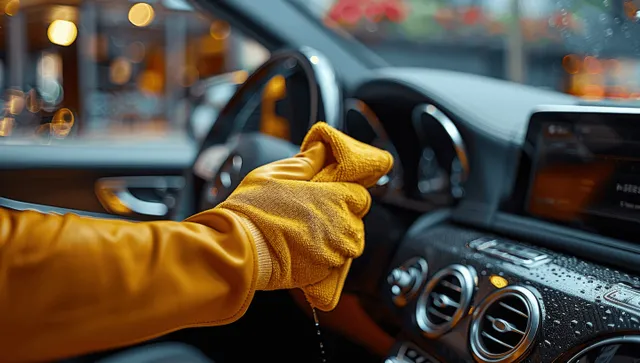 A man’s hand wipes a luxury SUV dashboard with a yellow microfiber cloth near the air vents.