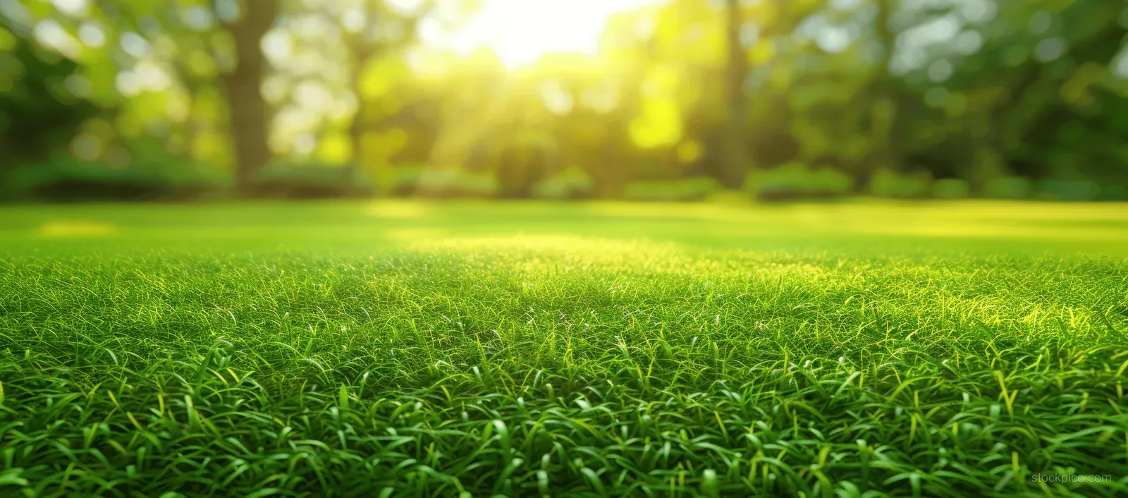 Fresh green grass covers a park lawn while morning sunlight and light fog soften the distant trees.