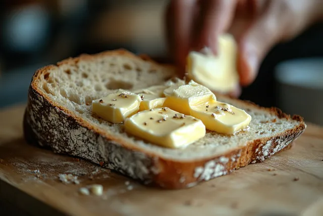 Hand spreads butter on rustic sourdough toast on a wooden cutting board