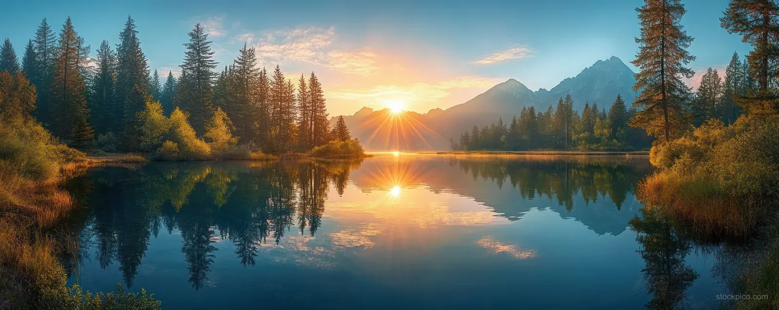 Sunrise over a calm lake where pine trees and mountain peaks reflect in still water beneath a clear sky.