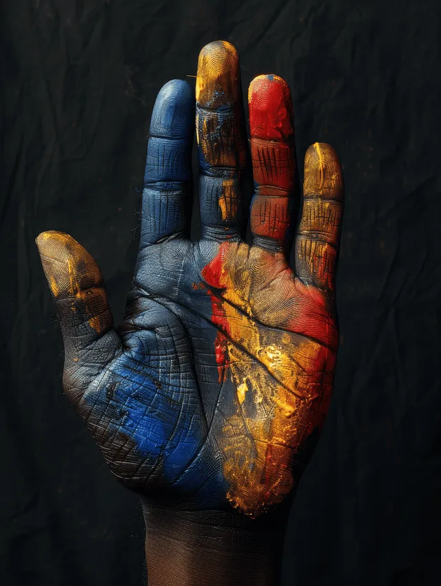 Close-up of a painted hand with blue, red, and yellow colors against a dark textured background.