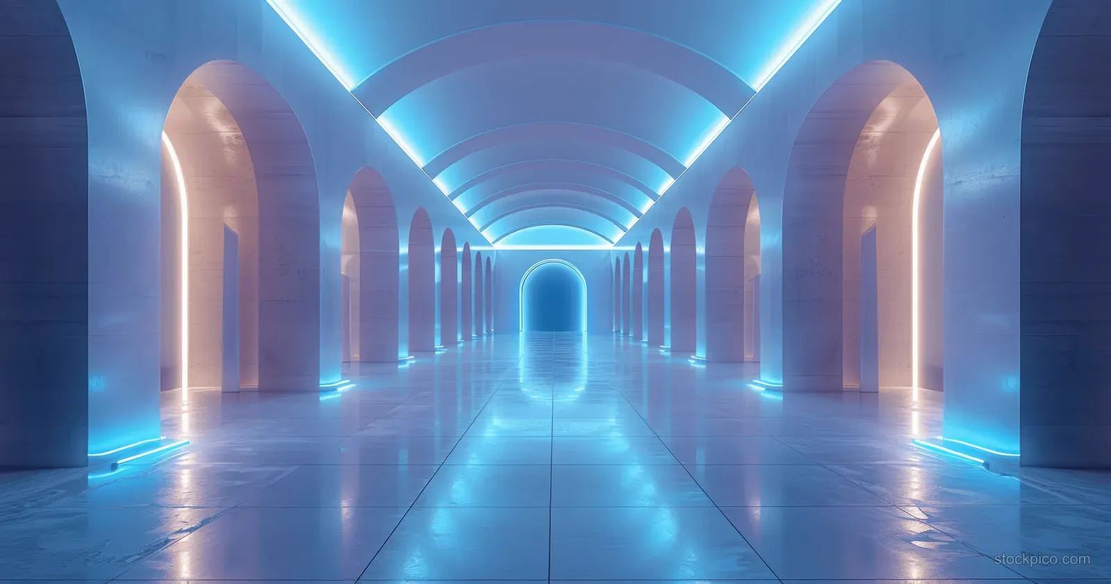 Minimal futuristic corridor with blue neon light beams and repeating arches converging to a central vanishing point.