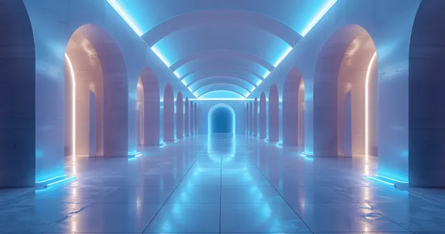 Futuristic minimal corridor room with blue neon geometric light beams 2D illustration