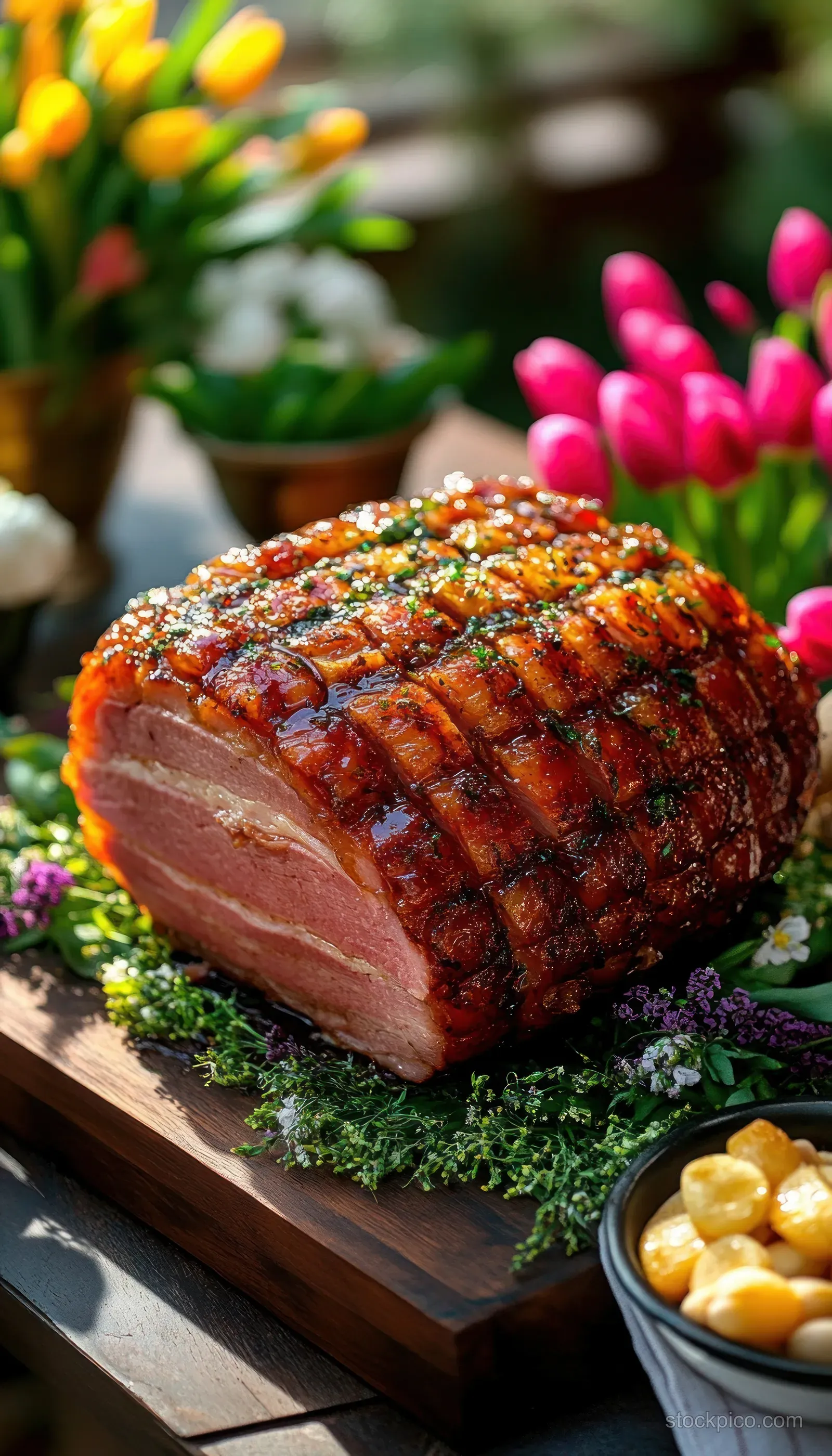Glazed roasted ham with herb garnish on a wooden board, with cooked potatoes and colorful tulips nearby.