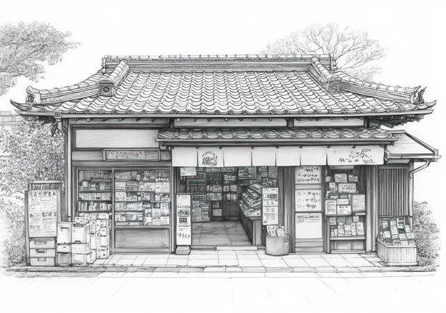 Ink sketch of a Japanese corner shop with a tiled roof, display shelves, and signboards along a sidewalk.
