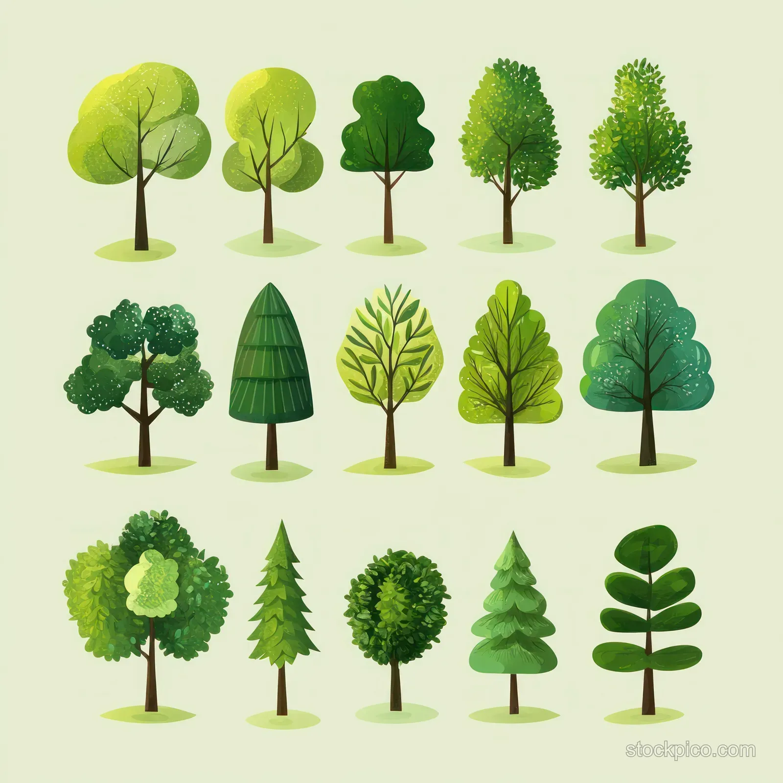 A grid-style collection of stylized green trees with different leafy and conifer crown shapes on a light background.