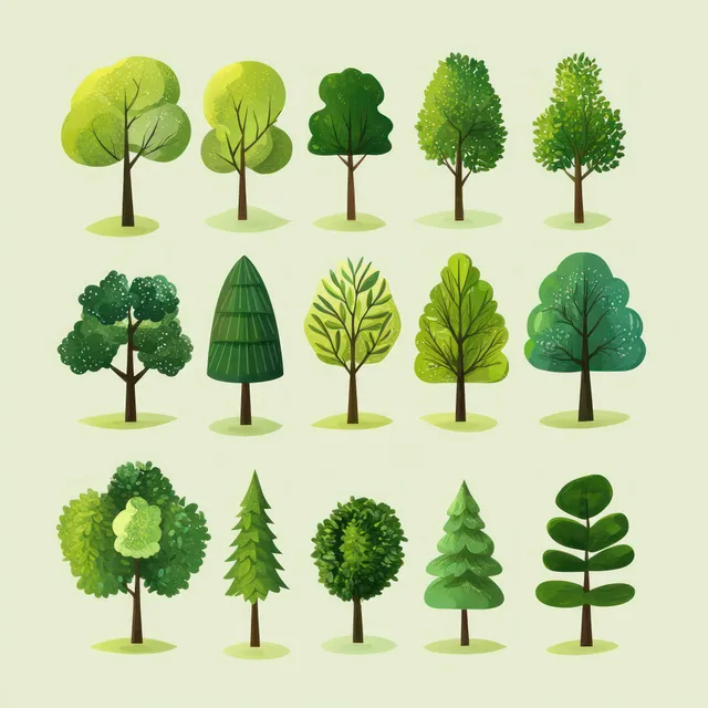 Set of stylized green trees with varied crowns on a light illustrated background