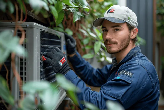 An HVAC technician in blue uniform adjusts an indoor air conditioner panel while wearing gloves.