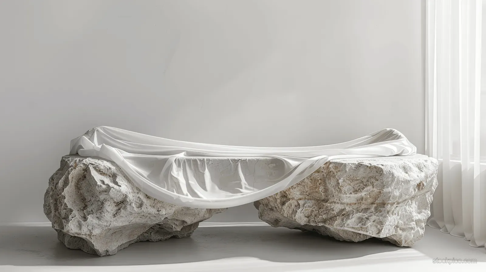A minimalist white stone table is adorned with draped fabric, illuminated by soft light to emphasize calm textures and neutral tones.