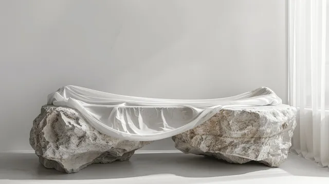 A minimalist white stone table is adorned with draped fabric, illuminated by soft light to emphasize calm textures and neutral tones.