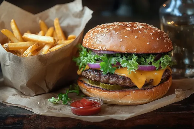 Cheeseburger with lettuce, red onion, pickles, and melted cheese next to crispy fries on rustic paper.