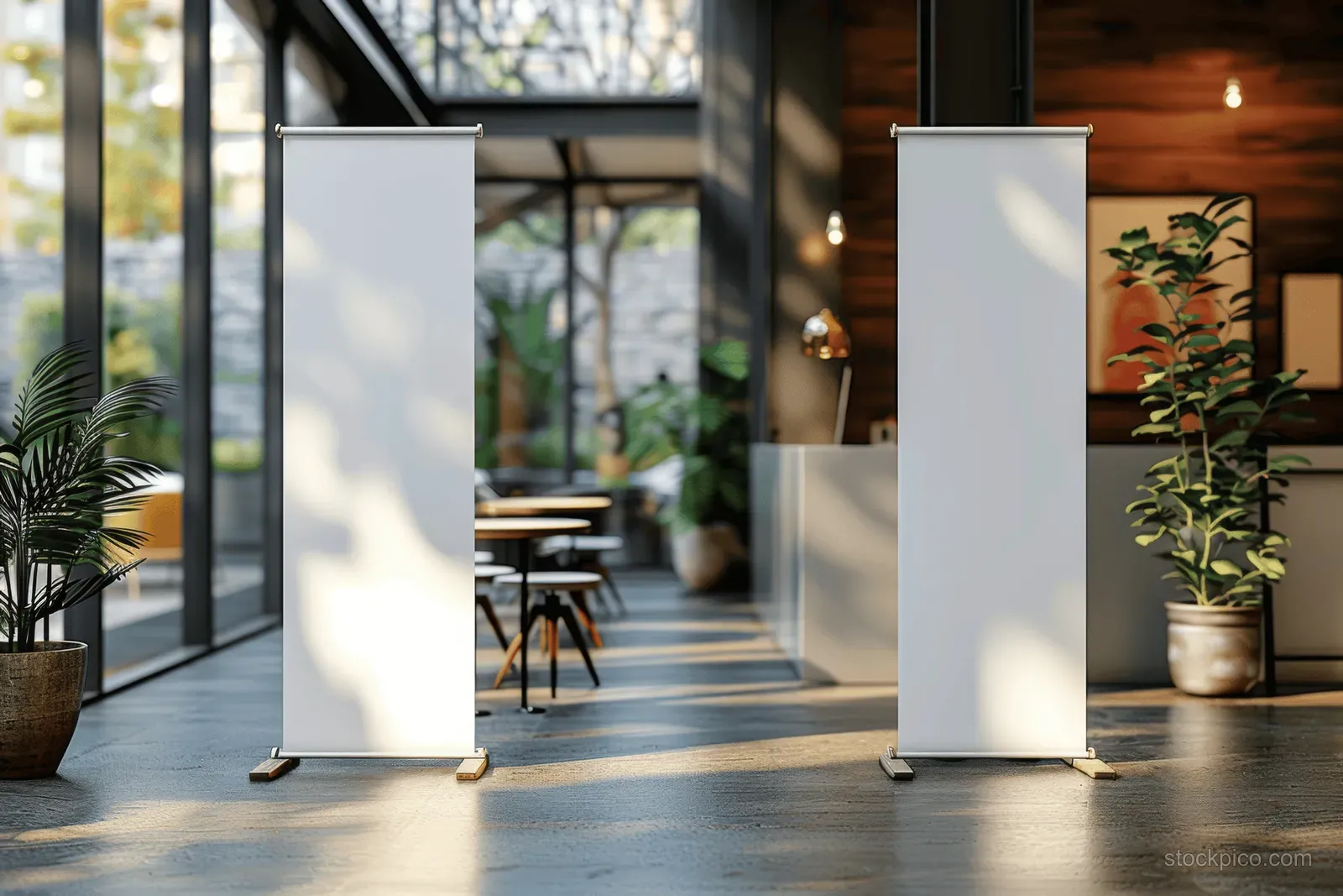Two blank roll-up banner stands in a modern office cafe lobby beside potted plants and tables.
