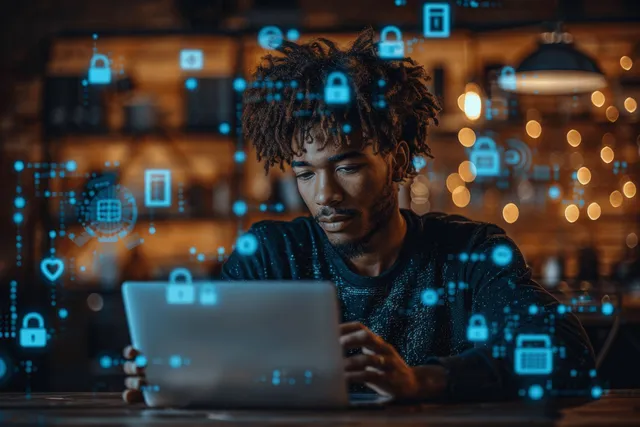 Masked person typing on a laptop in a home office with floating padlock security icons.