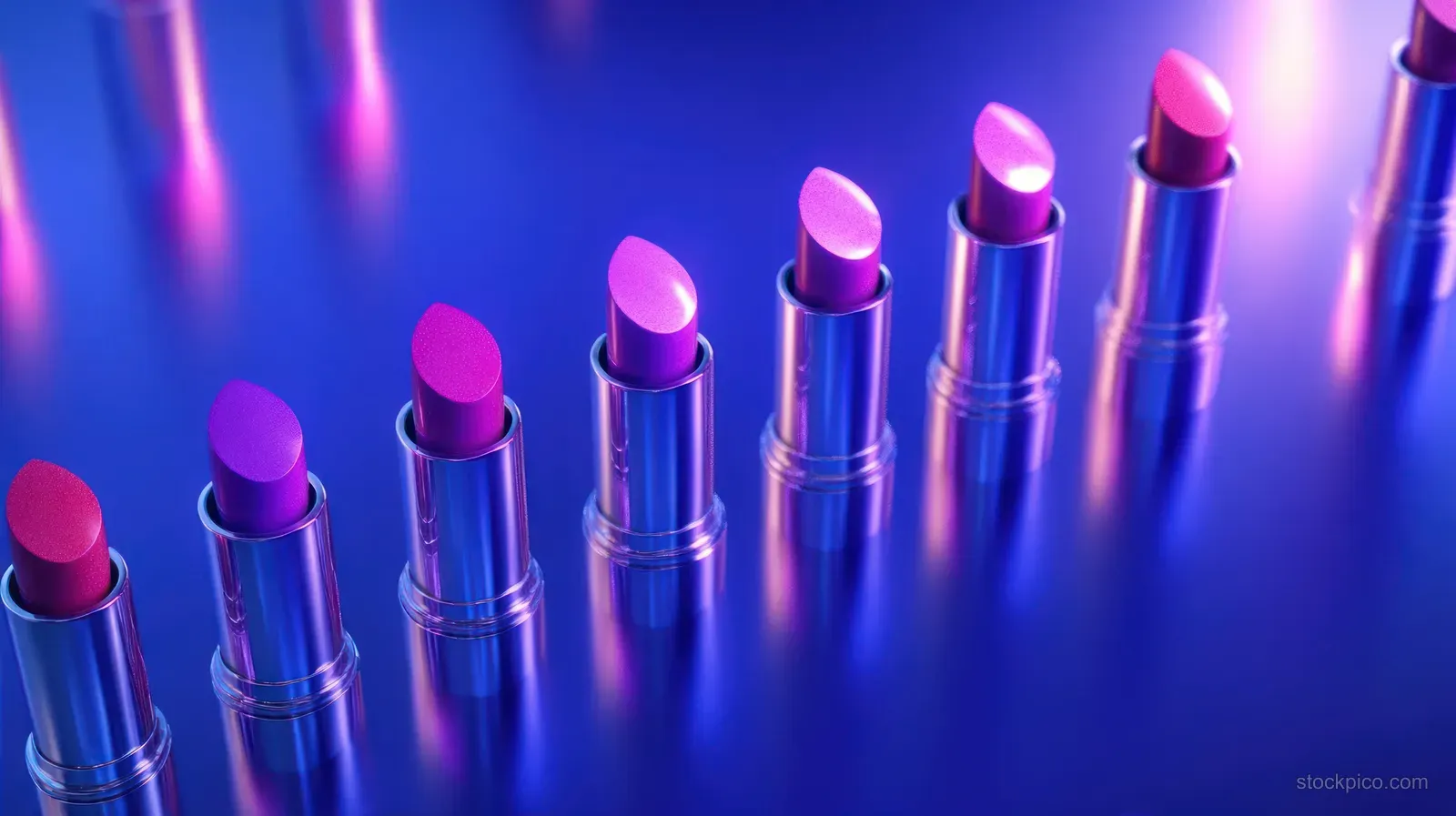 Diagonal row of purple and pink lipsticks with reflective shine under neon magenta and blue lighting.