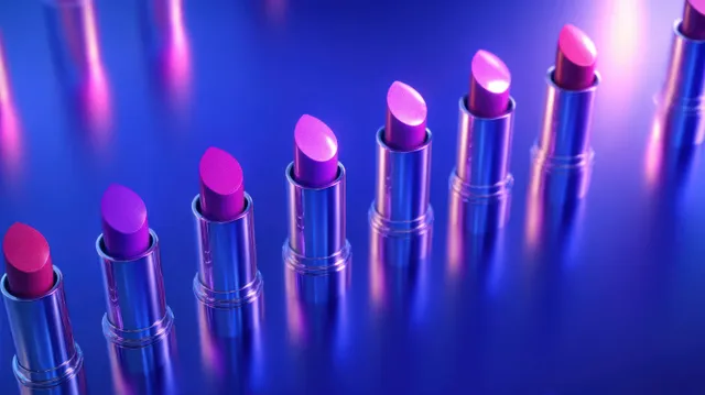 Purple and pink lipsticks aligned diagonally under neon lighting on a reflective surface