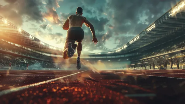 Decathlete sprinting on stadium track at dusk, glowing sparks and dramatic crowd