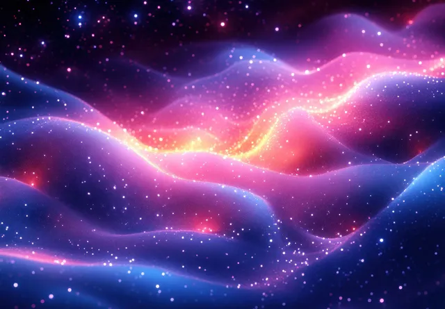 Swirling galaxy nebula with glowing stars and flowing light waves in blue purple gradient