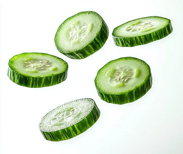 Five fresh cucumber slices floating on a white background with visible seeds and green edges