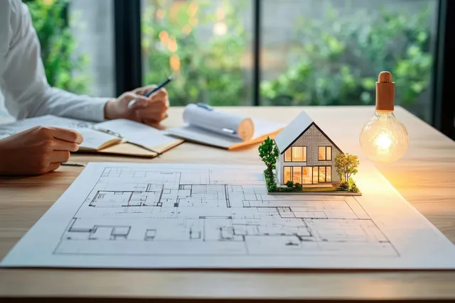 People review detailed floor plan blueprints with a small house model on a desk near warm lighting.