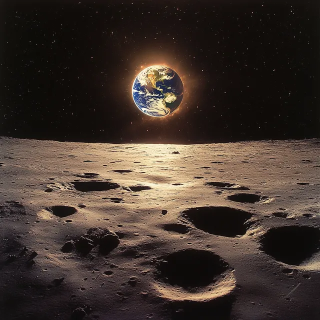 Earth rises over cratered Moon landscape with glowing halo and distant starfield