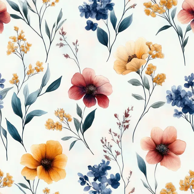 Seamless watercolor floral pattern with buttercup, peony, and blue sprigs on light background