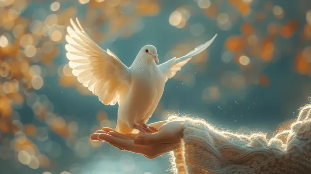 White dove perched on an open woman’s hand with glowing bokeh lights on a blue background.