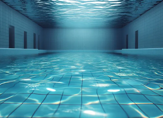 Underwater perspective of an empty blue tiled swimming pool with rippling light on the floor.