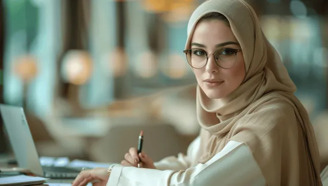 Confident Arab businesswoman in hijab using laptop while writing at a desk in office