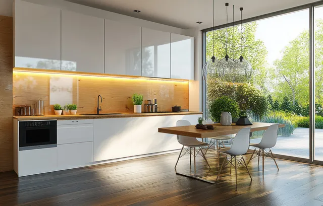 Sunlit Scandinavian modern kitchen with white cabinets, wood countertop, and a minimalist dining table near large windows.