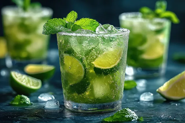 Clear tumbler of lime-mint cocktail with crushed ice, condensation, and mint leaves on a dark surface.