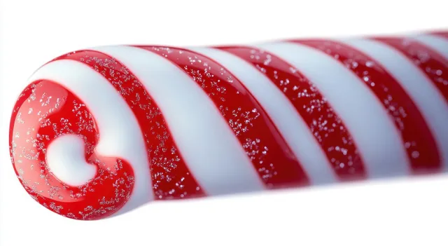 Close-up of a glossy red and white striped candy cane with visible sugar crystals on a white background.