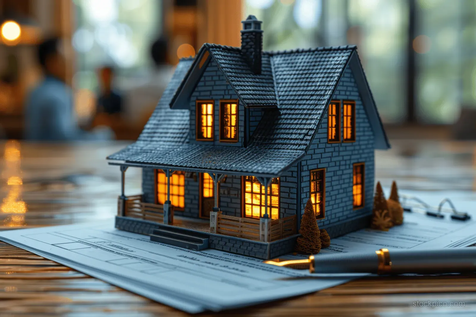 House model on contract paperwork with warm window light in a softly blurred meeting room background.