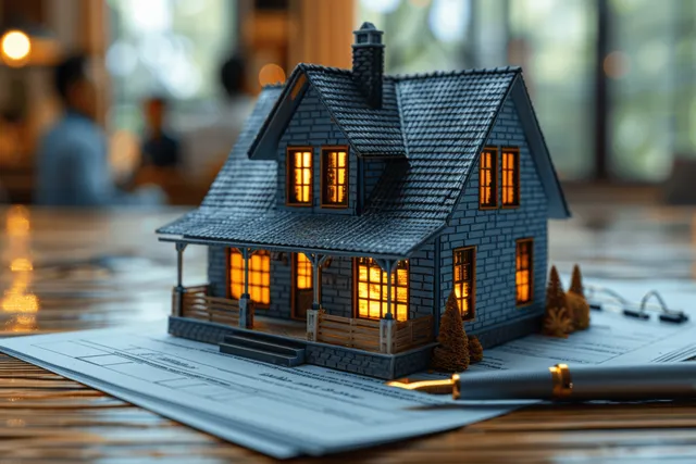 Model house on real estate contract with warm window light and discussing clients