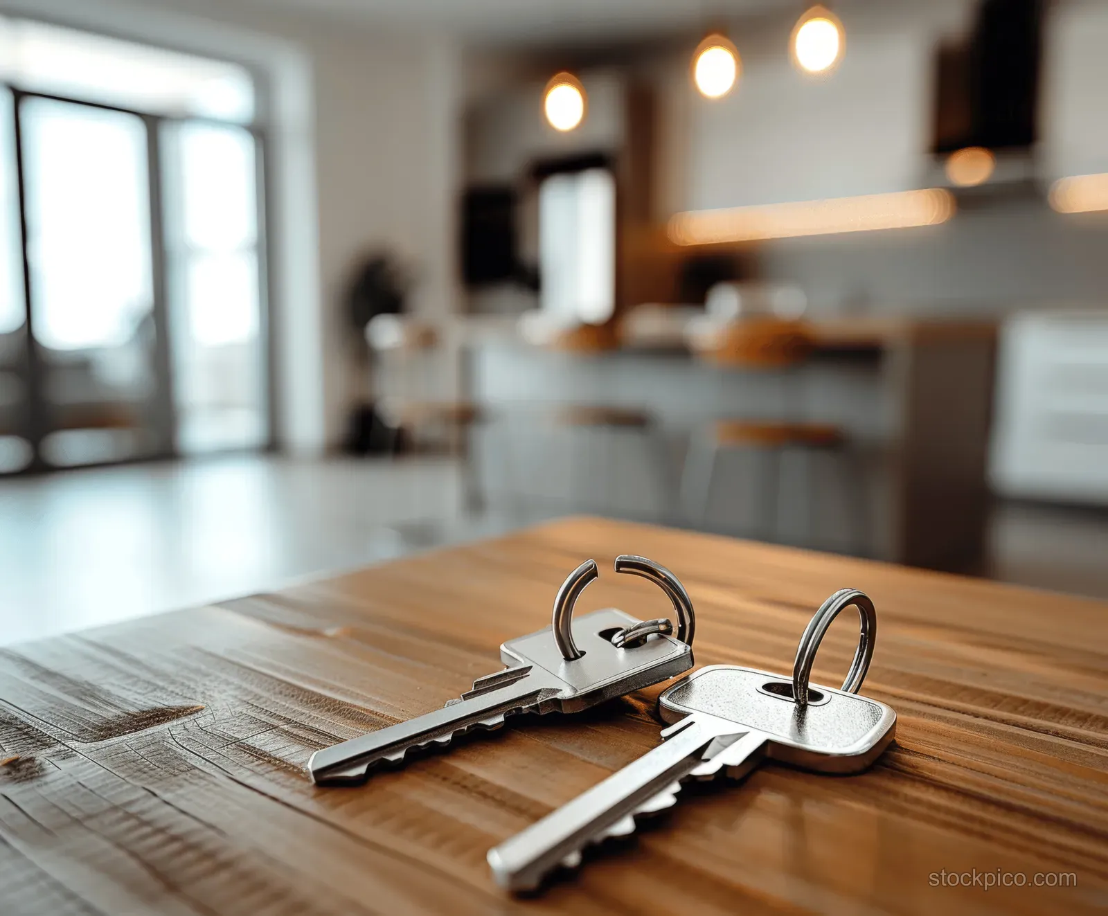 House keys lie on a wooden table inside a bright apartment with a blurred kitchen in the background.