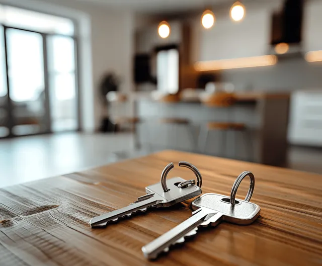 House keys lie on a wooden table inside a bright apartment with a blurred kitchen in the background.