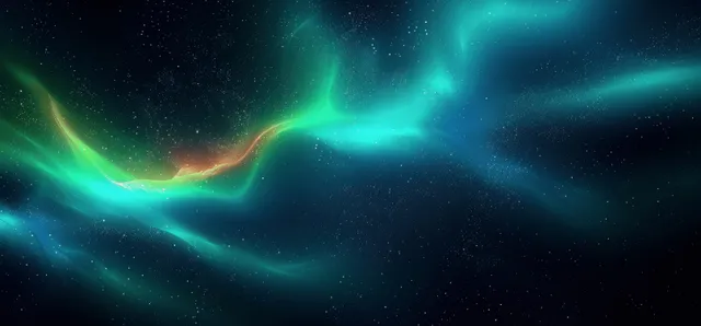 Abstract aurora waves over dark black sky with teal green glow and grain texture