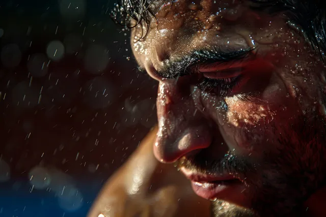 A Turkish wrestler concentrates for a 74 kg freestyle bout, with sweat droplets and intense expression on the wrestling mat.