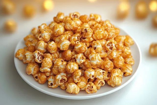 Caramel-coated popcorn piled on a white plate with scattered kernels on a clean white surface.