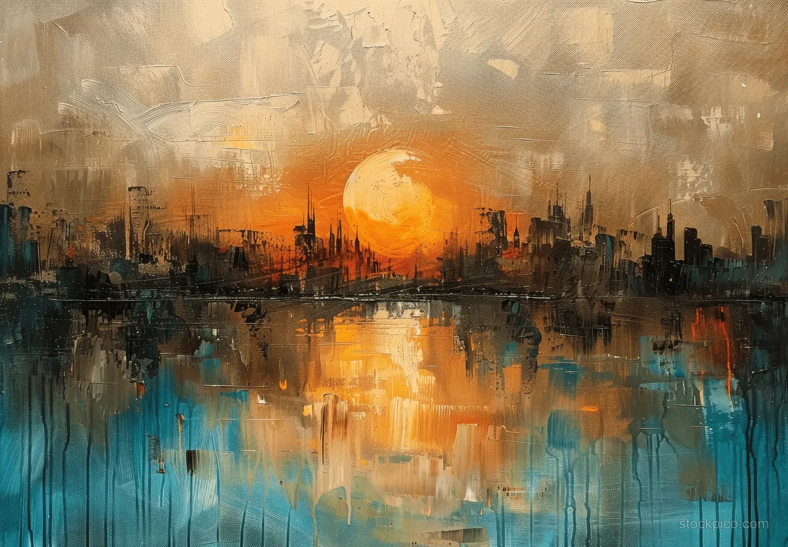 Abstract city skyline and lake under a golden sunset with turquoise reflected glow on textured canvas.