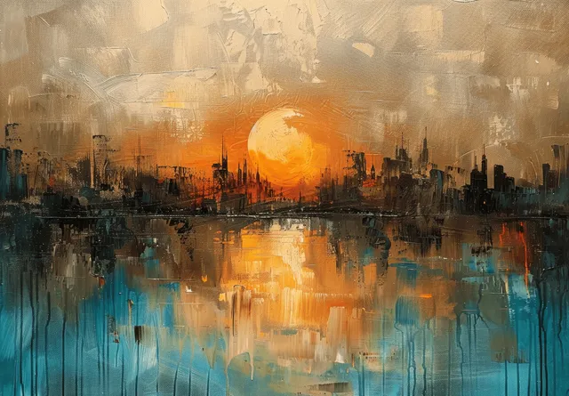 Abstract city skyline and lake under a golden sunset with turquoise reflected glow on textured canvas.