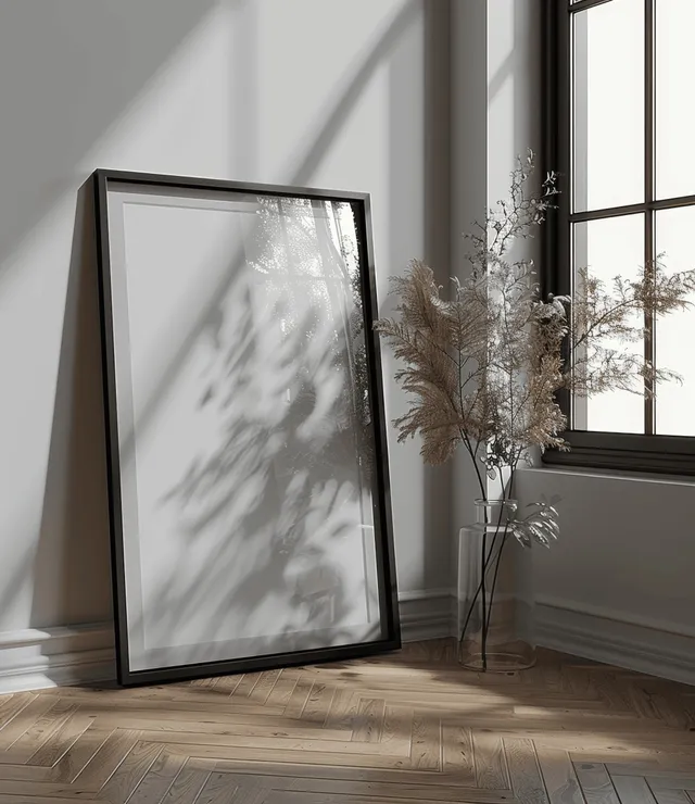 A black A4 frame mockup on a parquet floor near a window, with daylight shadows on a light grey wall.