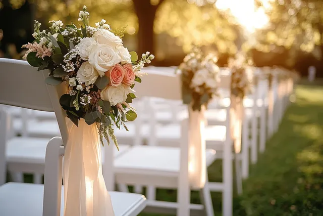 White wedding chairs lined up outdoors with floral bouquet draped ribbon