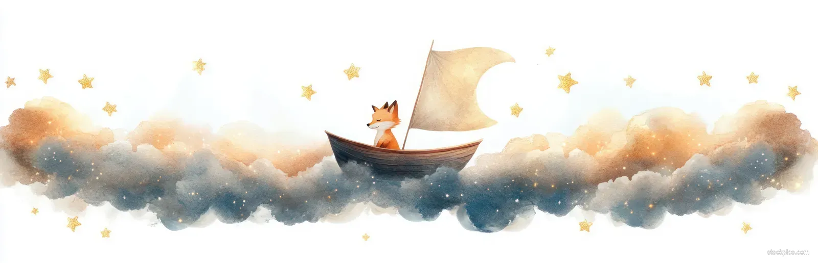 A fox sailor steers a small boat through fluffy pastel clouds with sparkling stars above.