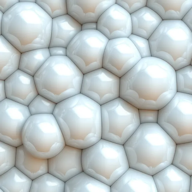 Interconnected white sphere cluster with glossy reflections forming a seamless geometric pattern background