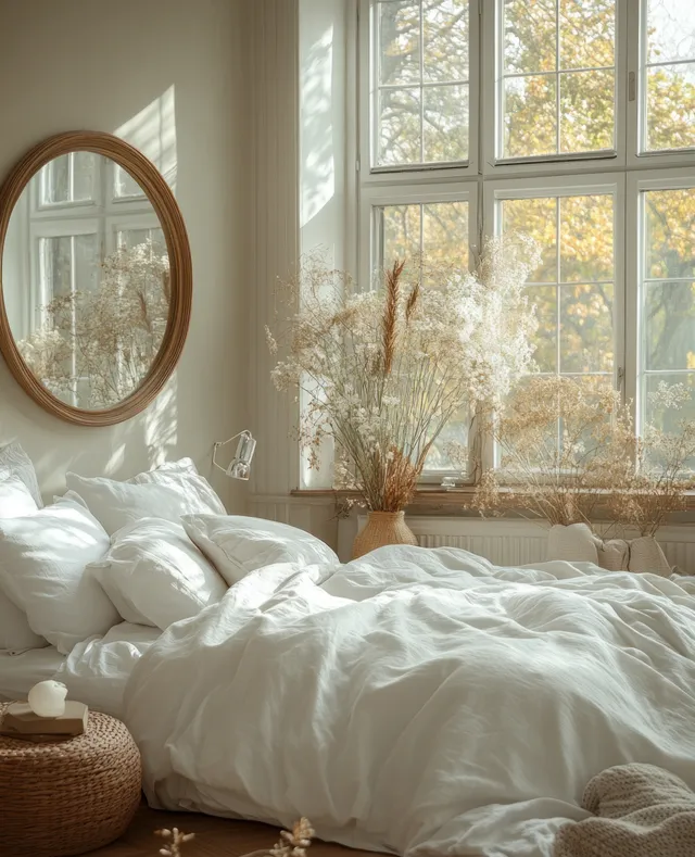 White bed with pillows beside a round mirror as sunlight streams through tall windows in a Scandinavian bedroom.