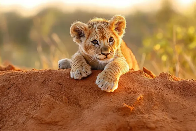 Young lion cub resting on a reddish dirt mound with warm golden sunlight and blurred vegetation behind.