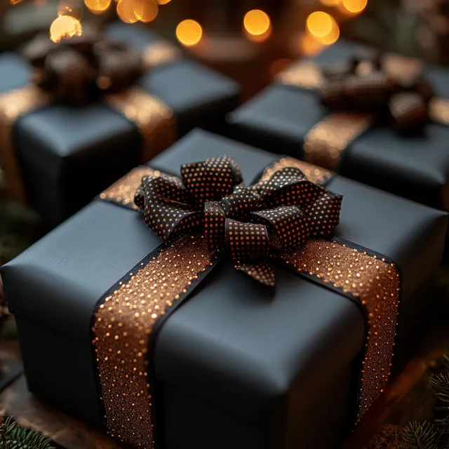 Black gift boxes with gold ribbon bows on a softly lit background with warm bokeh lights.